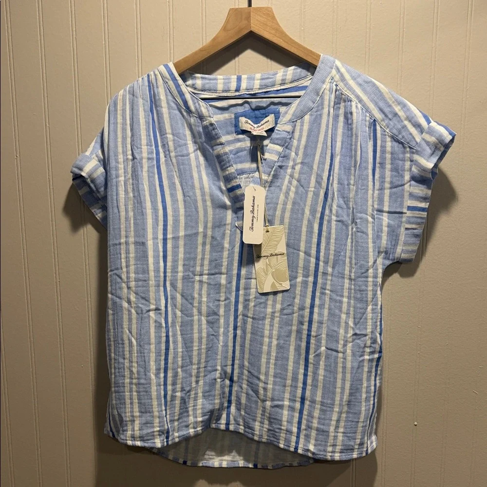 Tommy Bahama Blue and White Striped Short Sleeve Tee - Picture 1 of 2